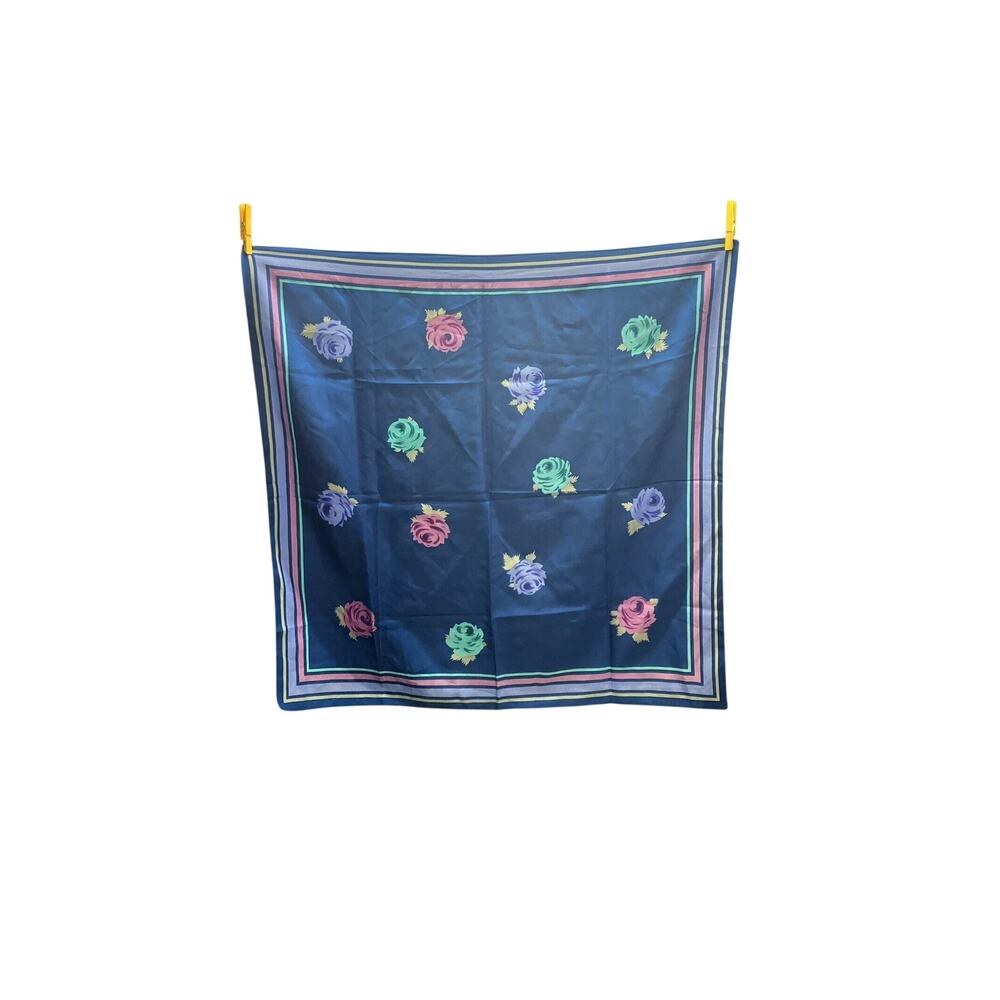 Multicolor Roses Scarf Blue Pink Purple Striped Edge Floral Square Vintage 29in